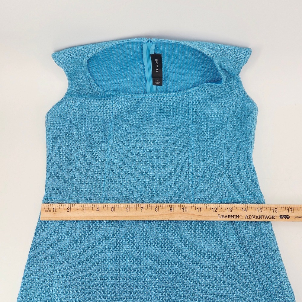 St. John Turquoise Blue Santana Knit Metalic Glimmer Sleeveless Sheath Dress 10 - Picture 13 of 14